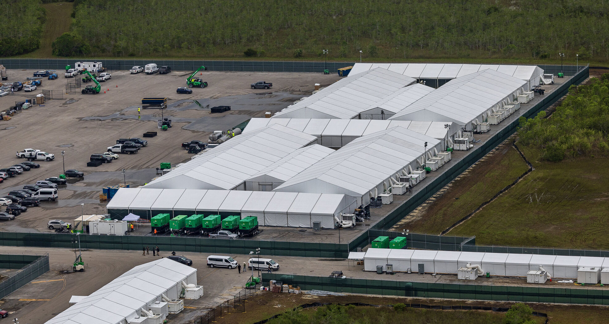 Aerial view of structures, including gigantic tents built at the recently opened migrant detention center,鈥 Alligator Alcatraz,鈥 located at the site of the Dade-Collier Training and Transition Airport in Ochopee, Florida, on Friday, July 4, 2025.